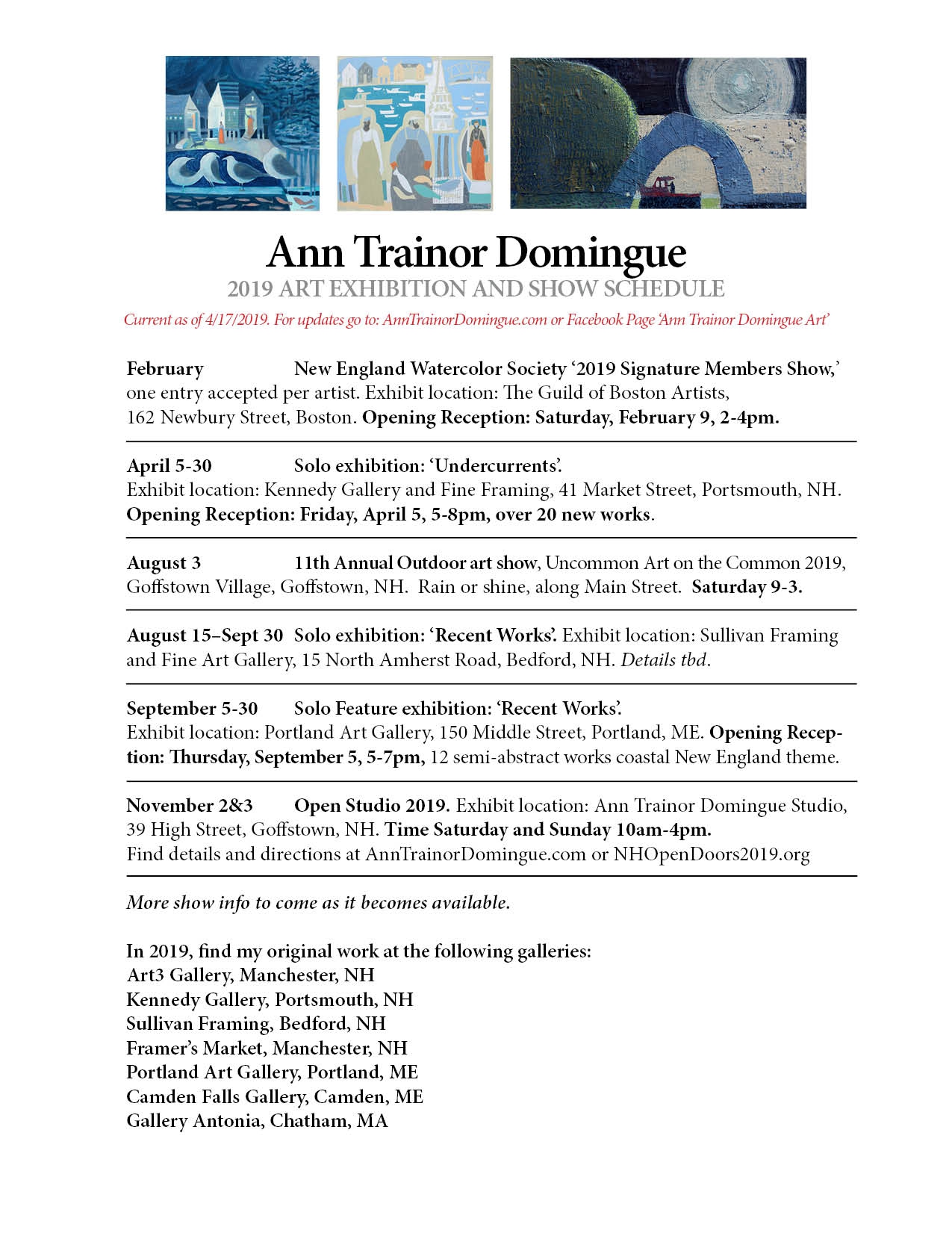 Click here to view 2019 Exhibition Schedule by Ann Trainor Domingue